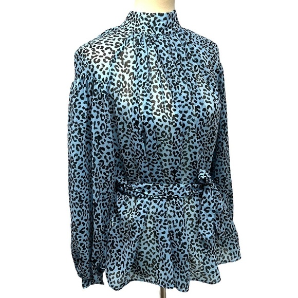 ASOS Blue Animal Print Belted Puff Sleeve Sheer Blouse - Picture 11 of 13